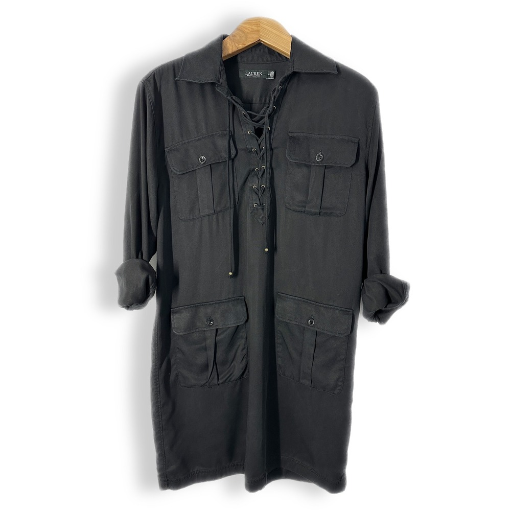 LRL 100% Lyocell Long‎ Sleeve Lace-up Black Utility Shirt Dress Womens Size 12